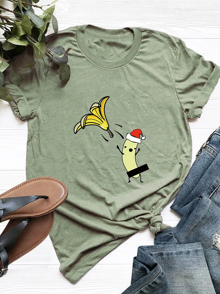 Bestdealfriday Undressed Christmas Banana Printed Round Neck Casual Short Sleeve T-Shirt
