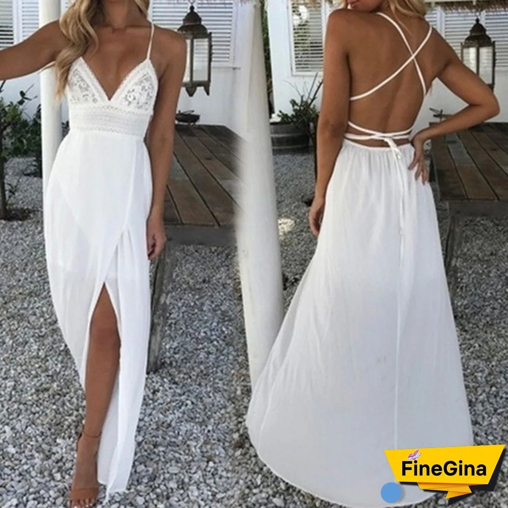 Boho Women Long Dress Backless Halter V Neck Maxi Beach Bohemia Dresses Sundress