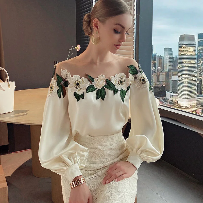 Ueong Yuanfeng Heavy Industry Mesh Stitching Satin Embroidered Shirt Women's 2023 Early Autumn New Style