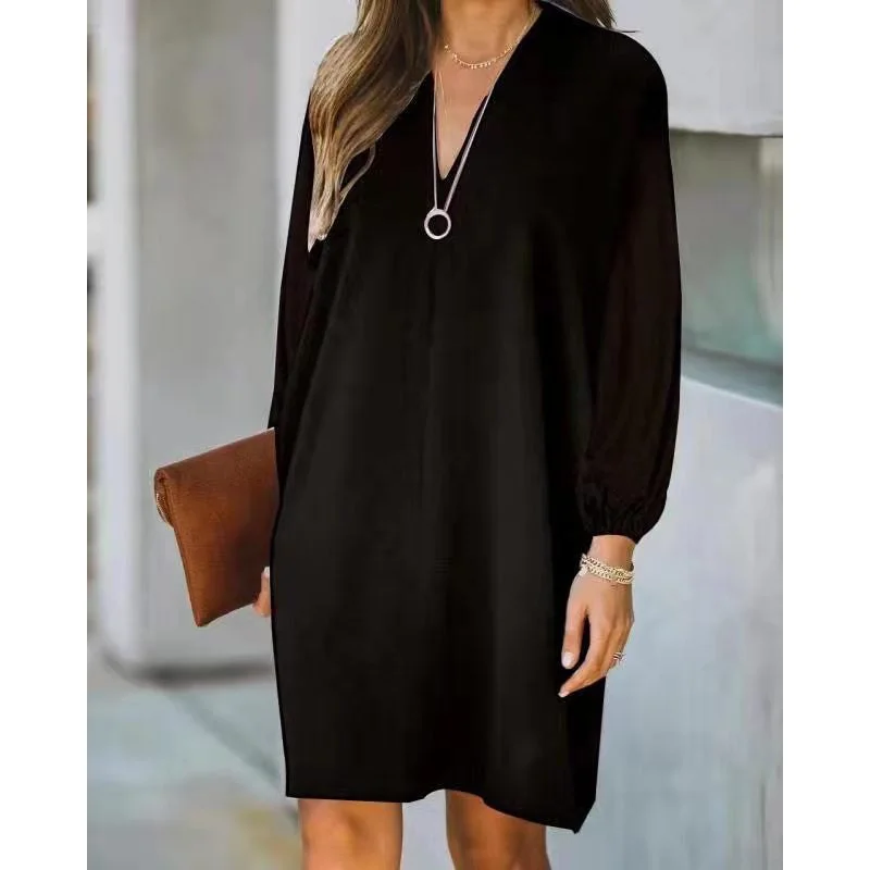 Women's V-neck Long-sleeved Solid Color Loose Dress