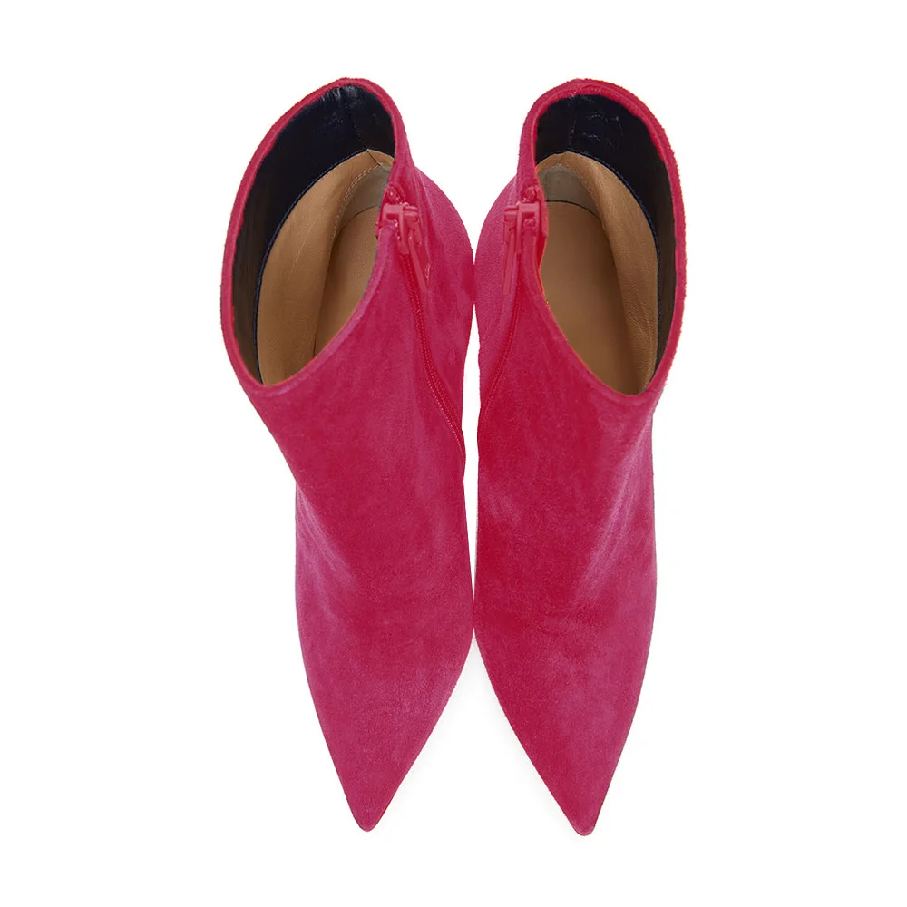 100mm Red Bottom Women's Closed Pointed Toe Stilettos Ankle Boots Suede-MERUMOTE