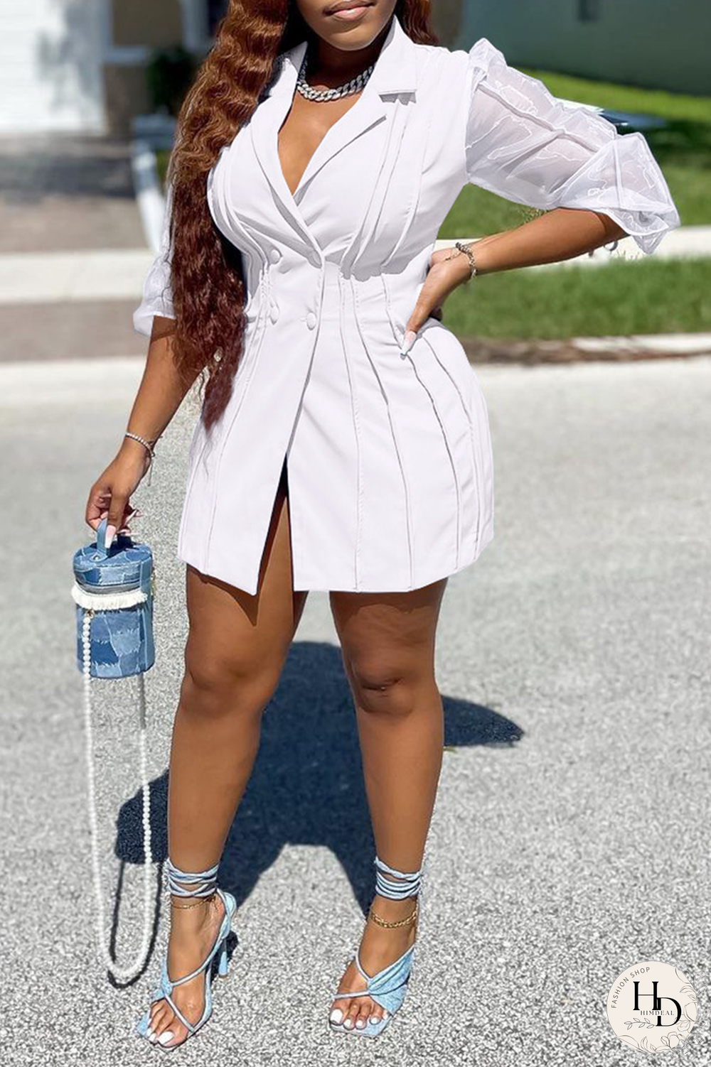 White Casual Solid Patchwork Turndown Collar Pencil Skirt Dresses