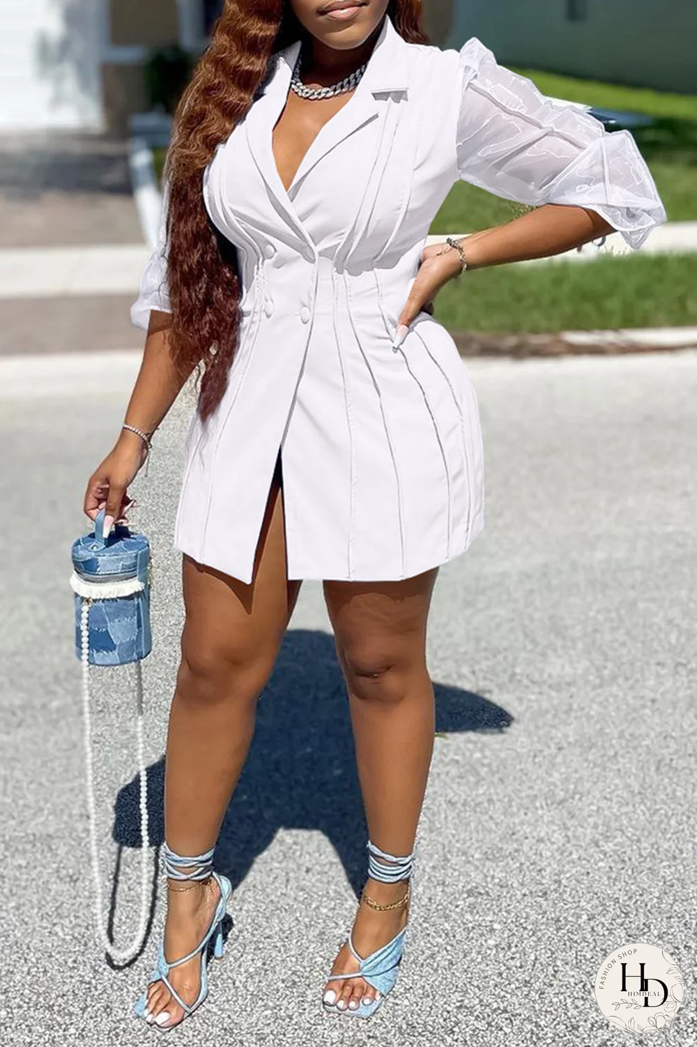 White Casual Solid Patchwork Turndown Collar Pencil Skirt Dresses