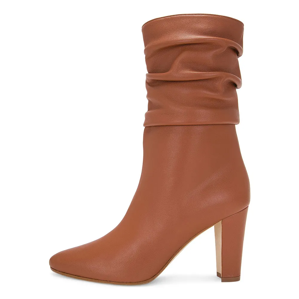 Classic Pointed Toe Chunky Heel Slouch Mid Calf Boots in Tan