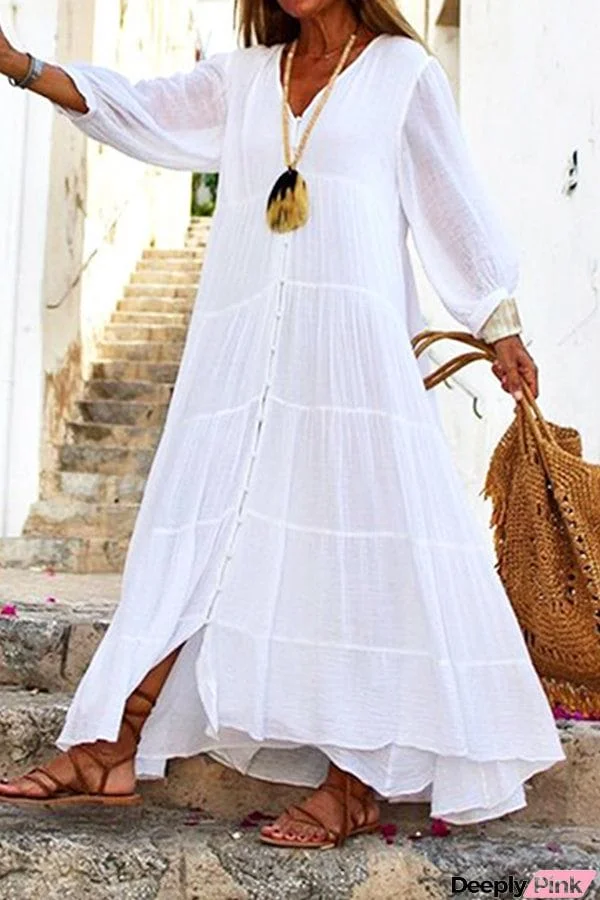 Bohemian solid color V-neck loose long-sleeved cotton and linen dress