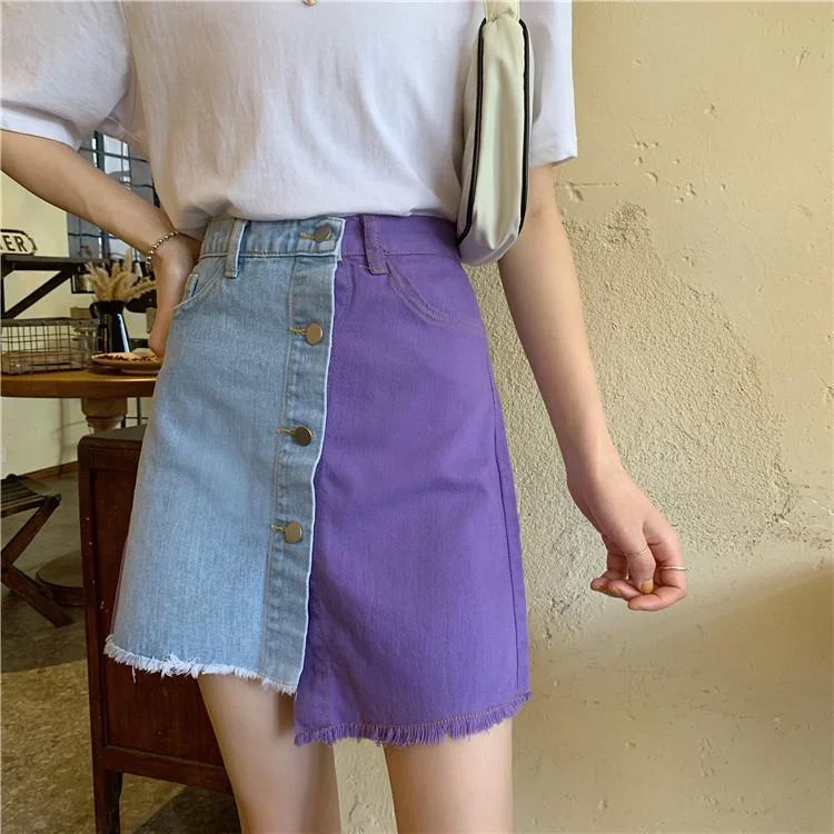 BUTTONED COLORBLOCK DENIM SKIRT