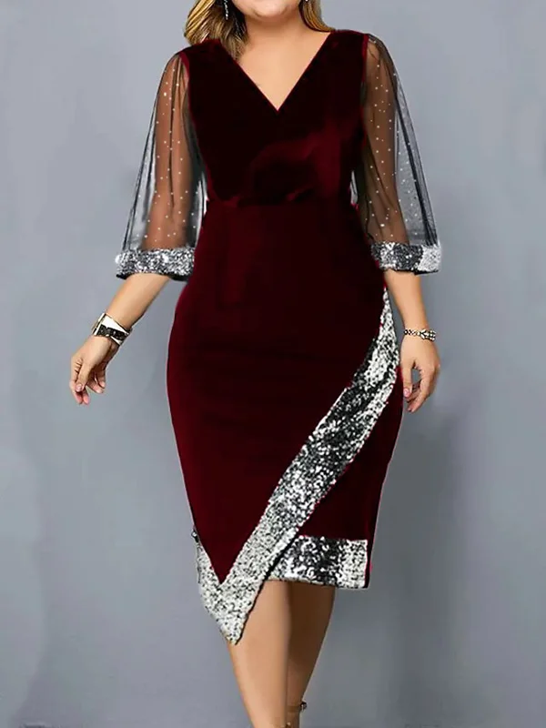 Bodycon Wrap Contrast Color Mesh Sequined Split-Joint V-Neck Midi Dresses