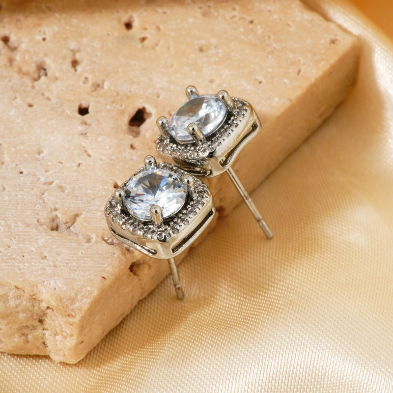 1 Pair Casual Minimalist Square Inlay Copper Zircon Silver Plated Ear Studs