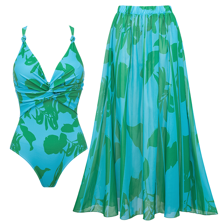 Printed One Piece Swimsuit and Skirt