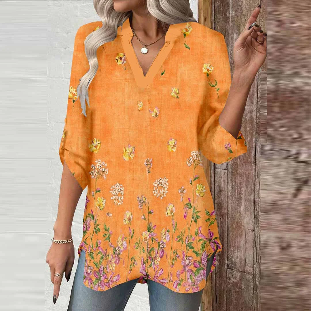 Women Floral,Orange,Purple DZGA0564 3/4 Sleeve V-neck Printed Graphic Button Tops