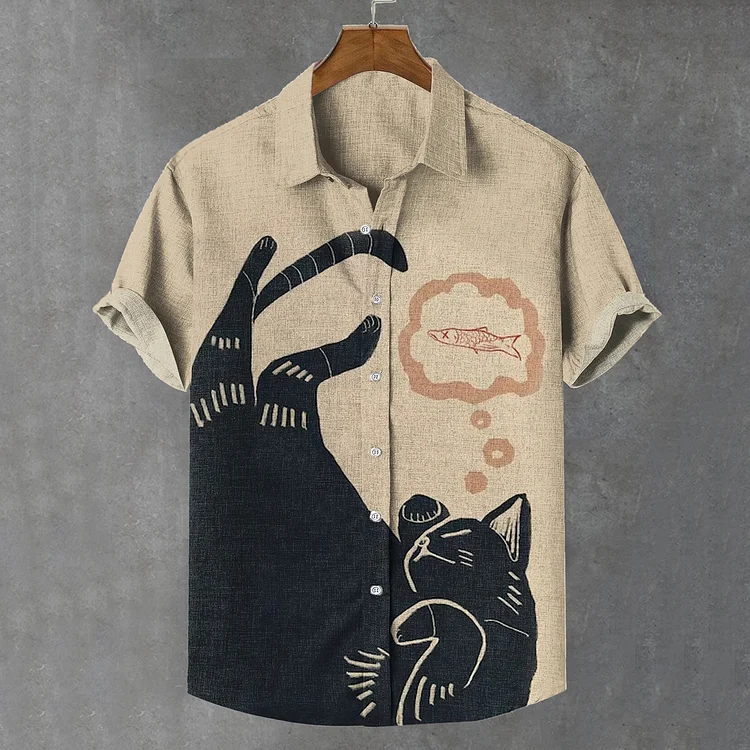 Simpfit Herrenhemd aus Nachahmung aus Nachahmung aus Baumwolle und Leinen mit „Chilling Sleeping Black Cat“-Kunstdruck