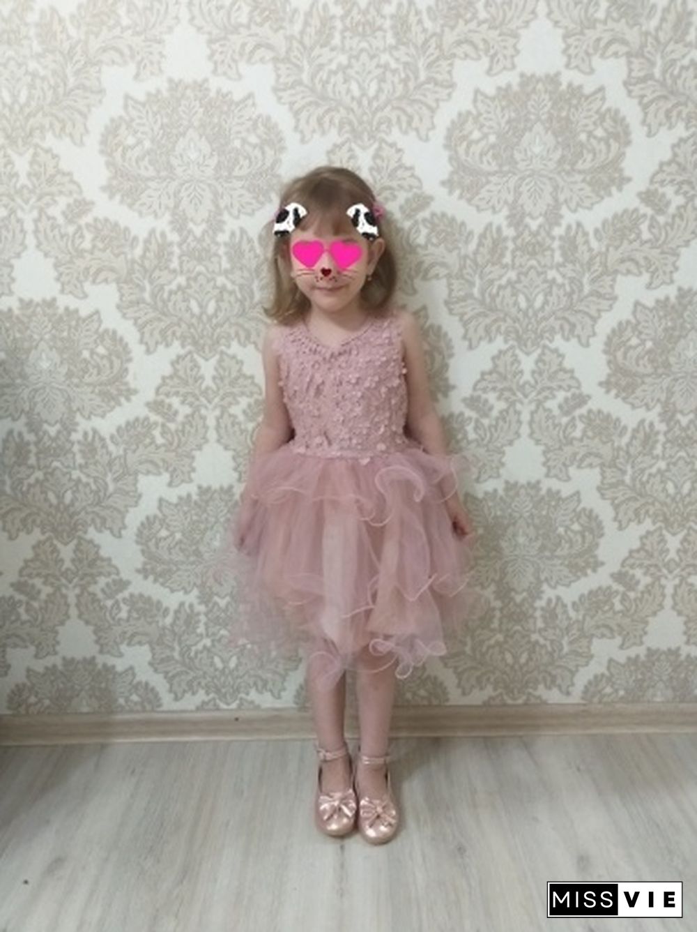 Girl's Fashion Backless Dress Appliques Flower Clothes Layered Mesh Princess Dress for Summer Beach Casual Wear 2 Styles