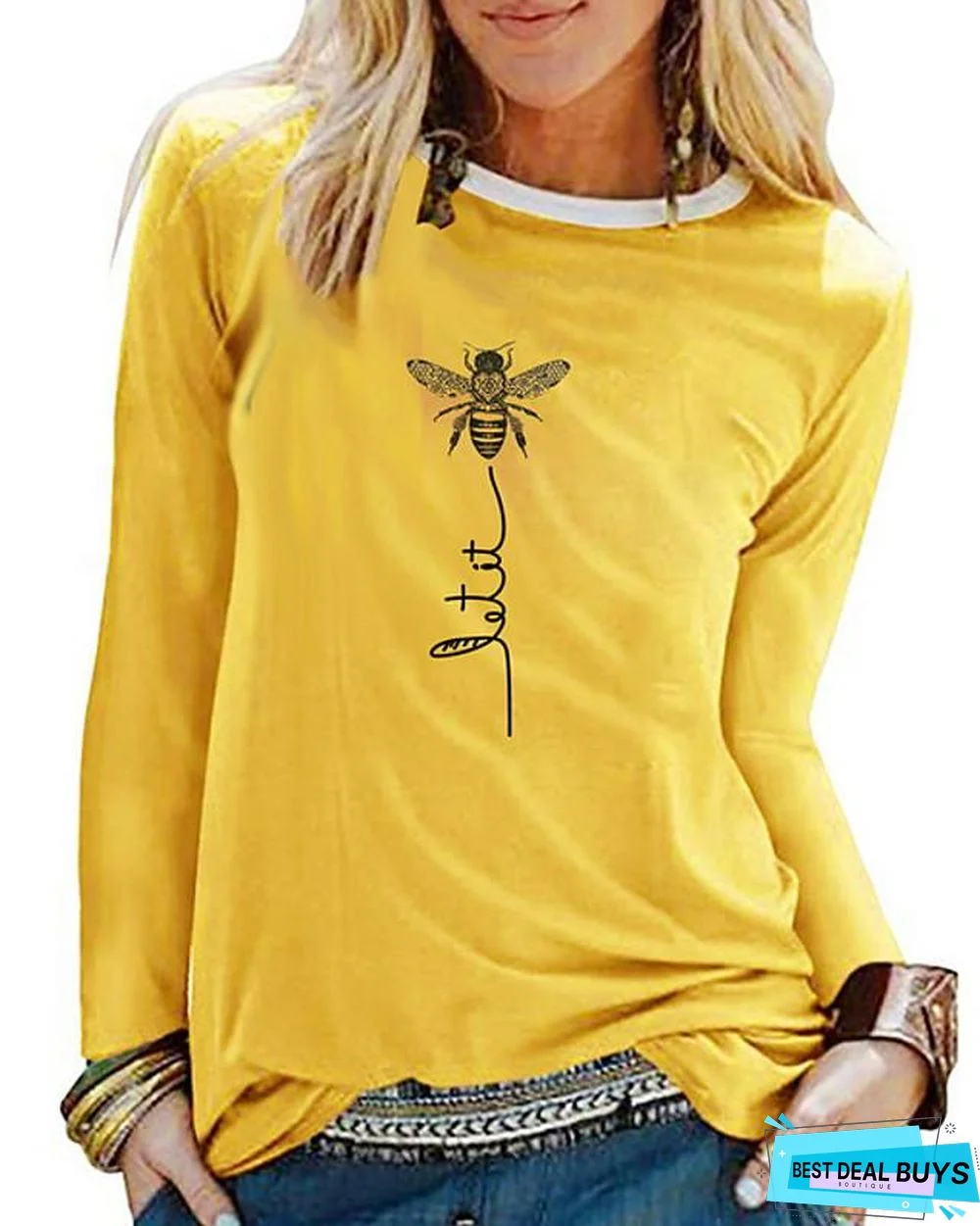 Women's T-shirt Graphic Prints Long Sleeve Round Neck Tops Cotton Basic Top White Black Blue