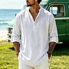 Men's Retro Vacation-Style Cotton-Linen Long-Sleeve Henley Shirt by Inlyline