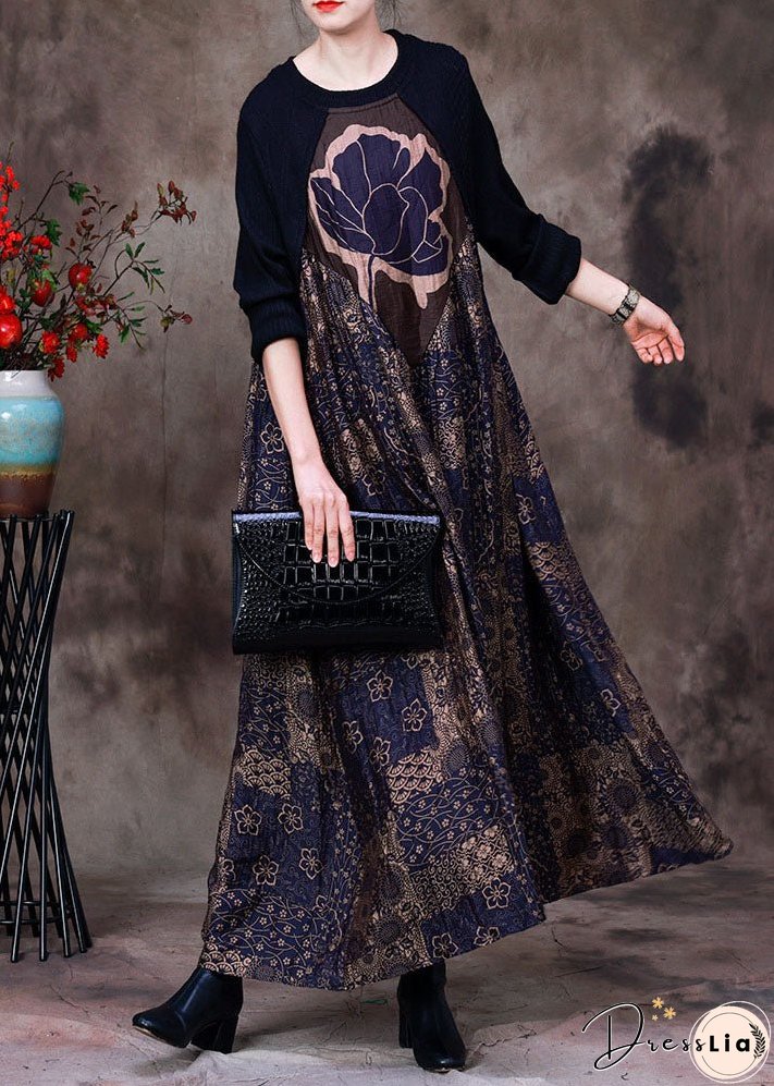 Stylish Purple O-Neck Asymmetrical Patchwork Print Silk Dress Long Sleeve