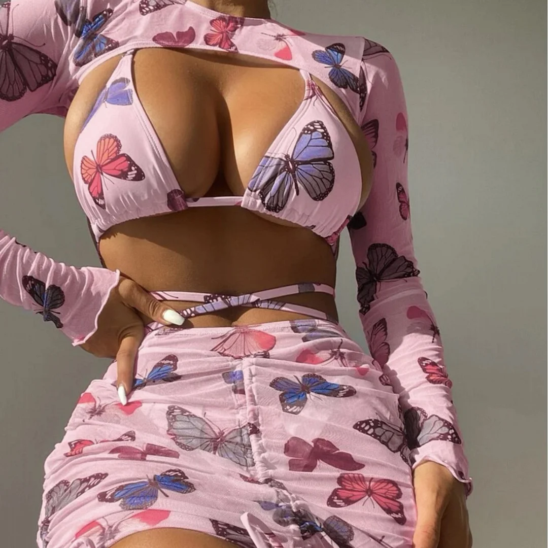 Uveng 2023 New Butterfly Print Drawstring Strap Sexy Four-Piece Swimsuit Bikini