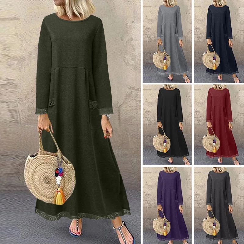 Fashion ZANZEA Women Long Sweatshirt Dress Autumn Long Sleeve Lace Patchwork Sundress Solid Vestido Robe Femme Winter Dresses