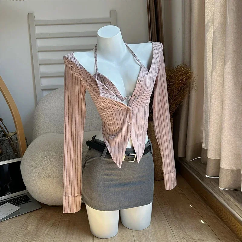 Huiketi Women's Pink Striped Shirts and Blouses 90s Y2k Vintage Streetwear Harajuku Elegant Halter Neck Long Sleeve Shirt 2000s Clothes