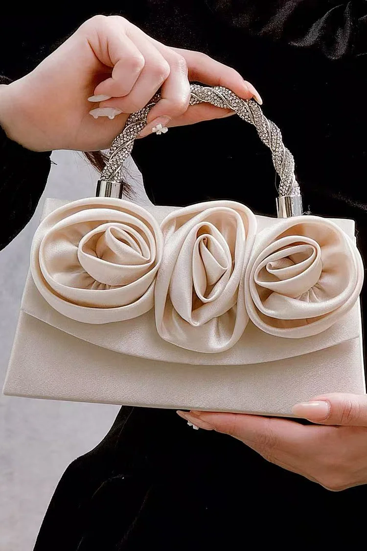 Banquet Apricot Satin 3D Floral Rhinestone Decor Handle Magnetic Clasp Clutch Bag 2024 - Xpluswear
