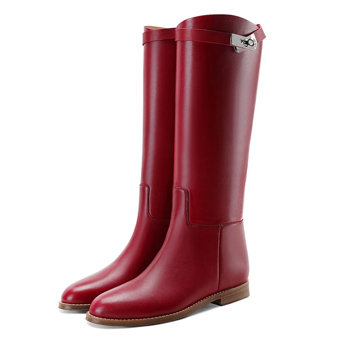 Fashion Red Round Toe Slip On Knee High Flat Boots for Women