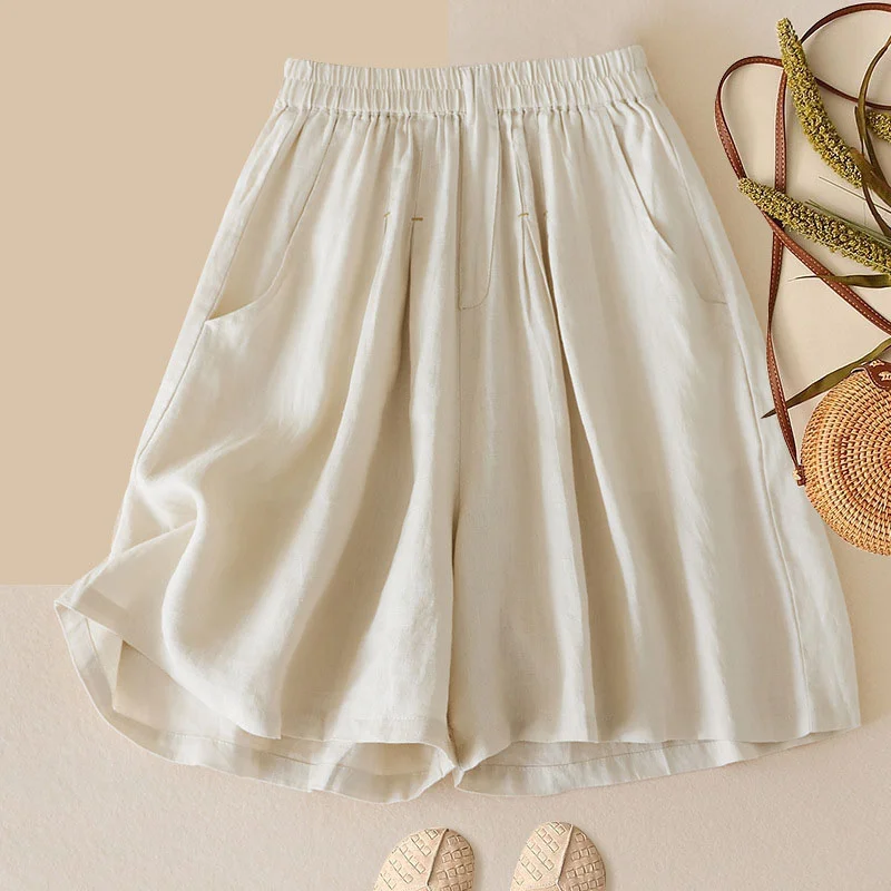 Elastic waist wide-leg cotton and linen cropped pants