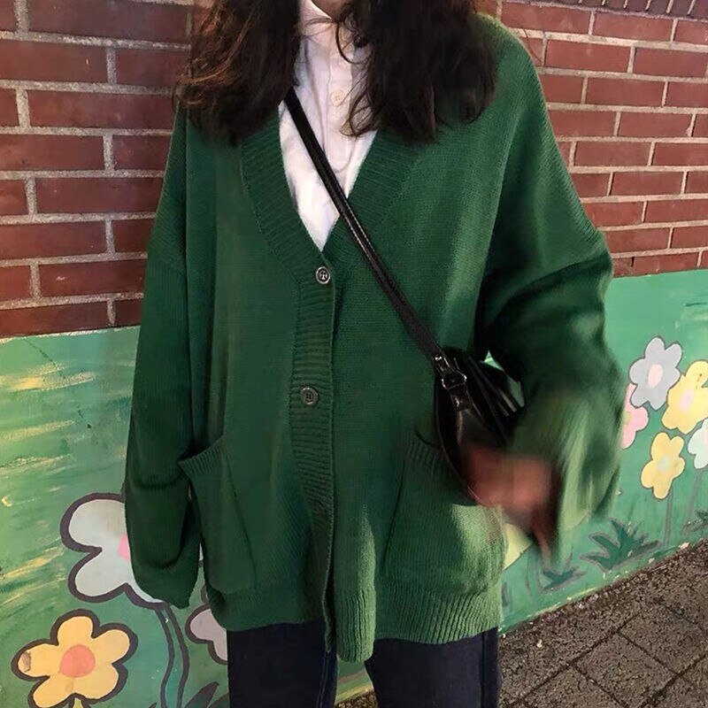 Women Cardigan Solid V-neck Colorful Casual All-match Loose Simple Korean Style Elegant Female Ulzzang Knitted Pockets Buttons