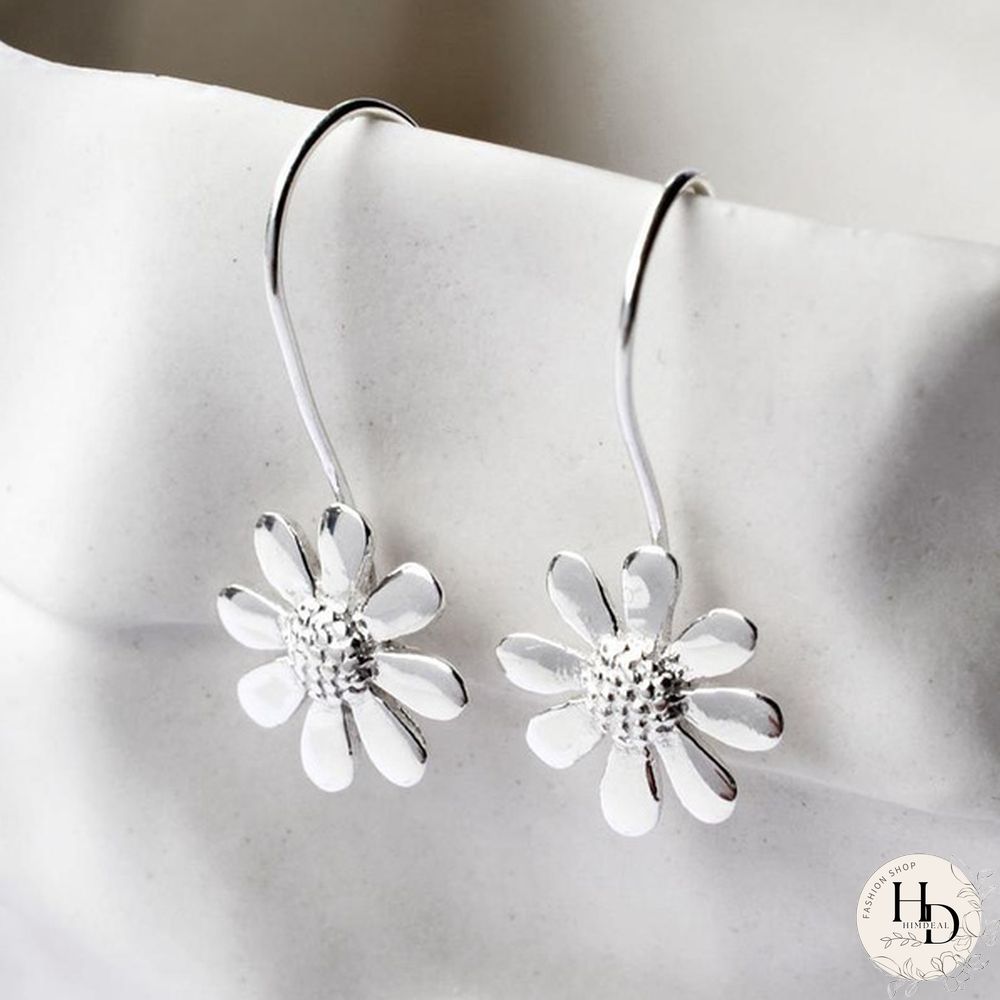 Fashion Simple 925 Sterling Silver Botanical Daisy Pendant Earrings Long Flower Dangle