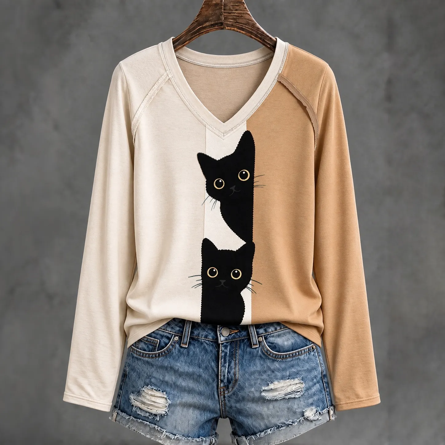Comstylish Women's Cute Peeking Black Cat Abstract Art Print Casual Long-sleeve T-shirt