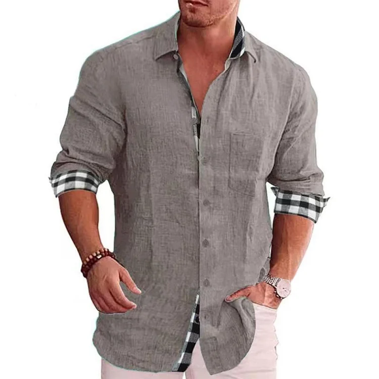 BrosWear Solid Color Checked Long Sleeve Shirt