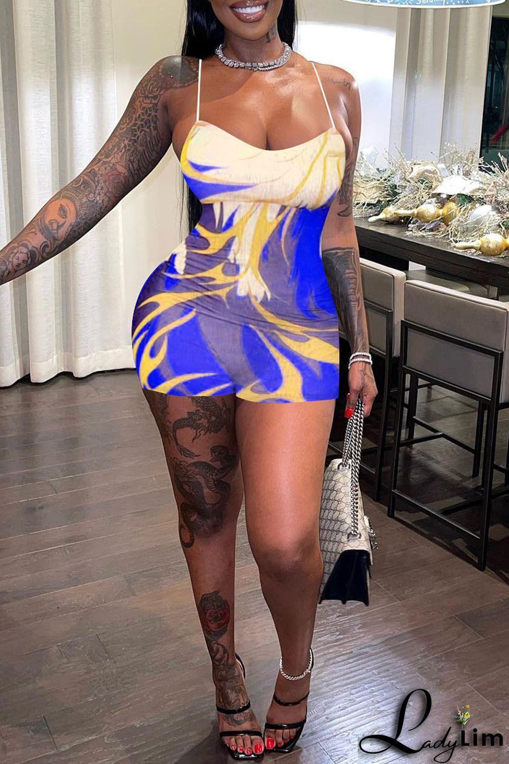 Green Sexy Print Patchwork Spaghetti Strap Regular Jumpsuits