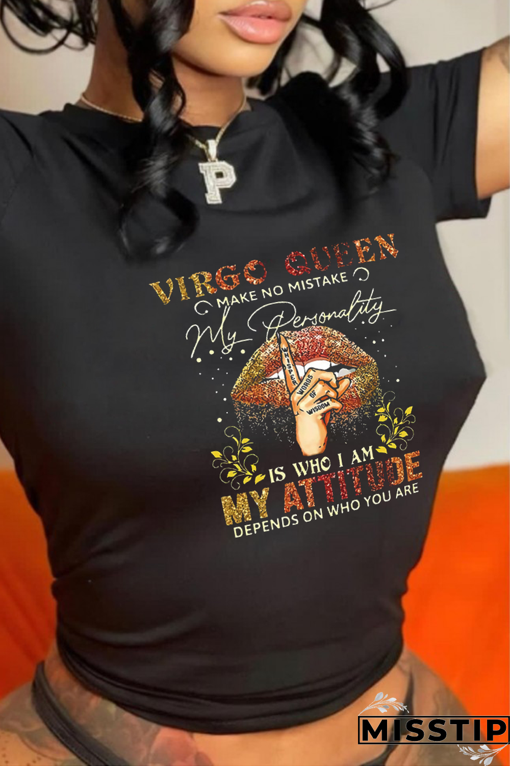 Black Casual Lips Printed Patchwork Letter O Neck T-Shirts