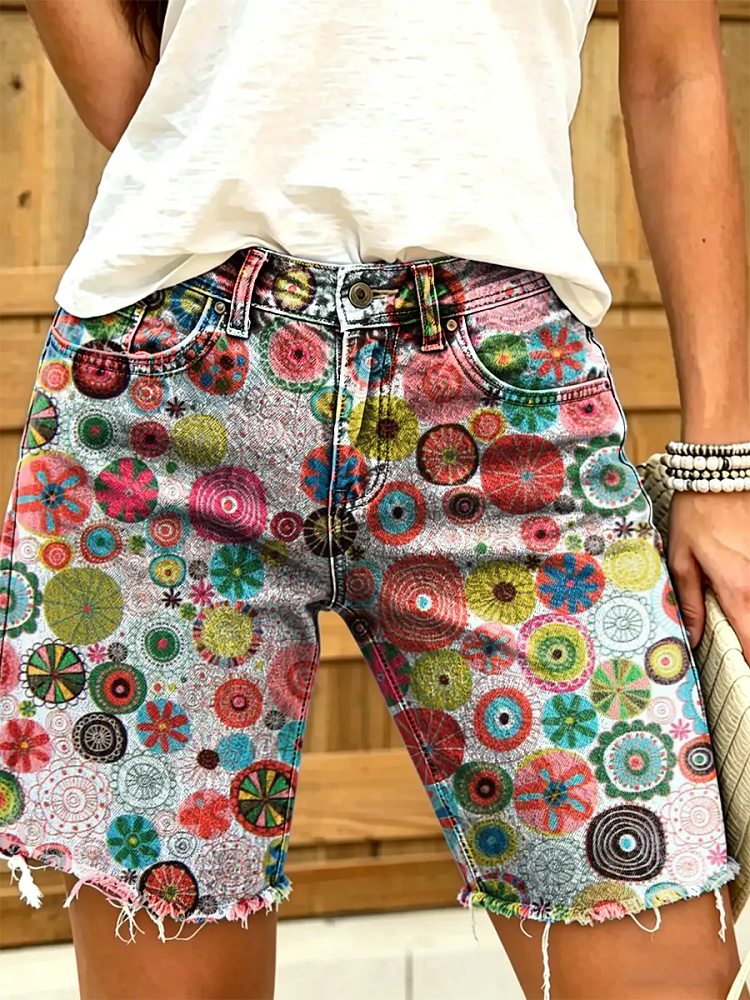 Ethnicity Geometry Colorful Women's Art Print Casual Denim Shorts