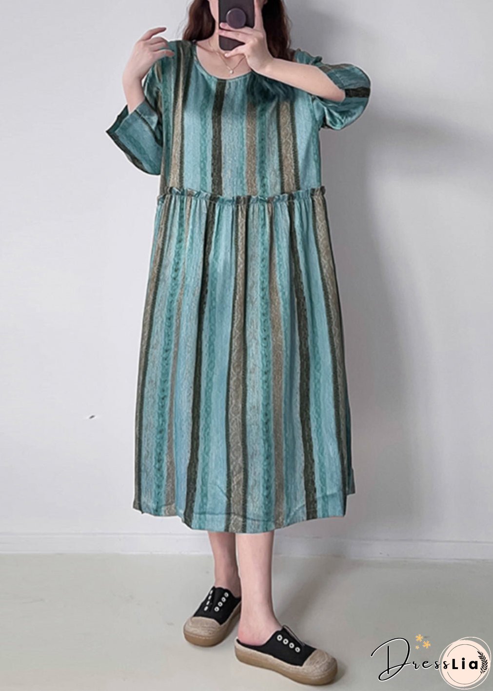 Green O-Neck Ruffled Wrinkled Silk Cotto Maxi Dress Spring