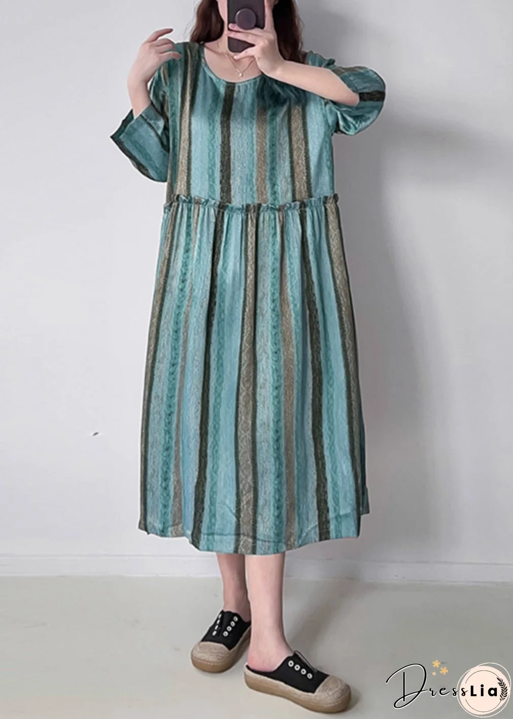 Green O-Neck Ruffled Wrinkled Silk Cotto Maxi Dress Spring