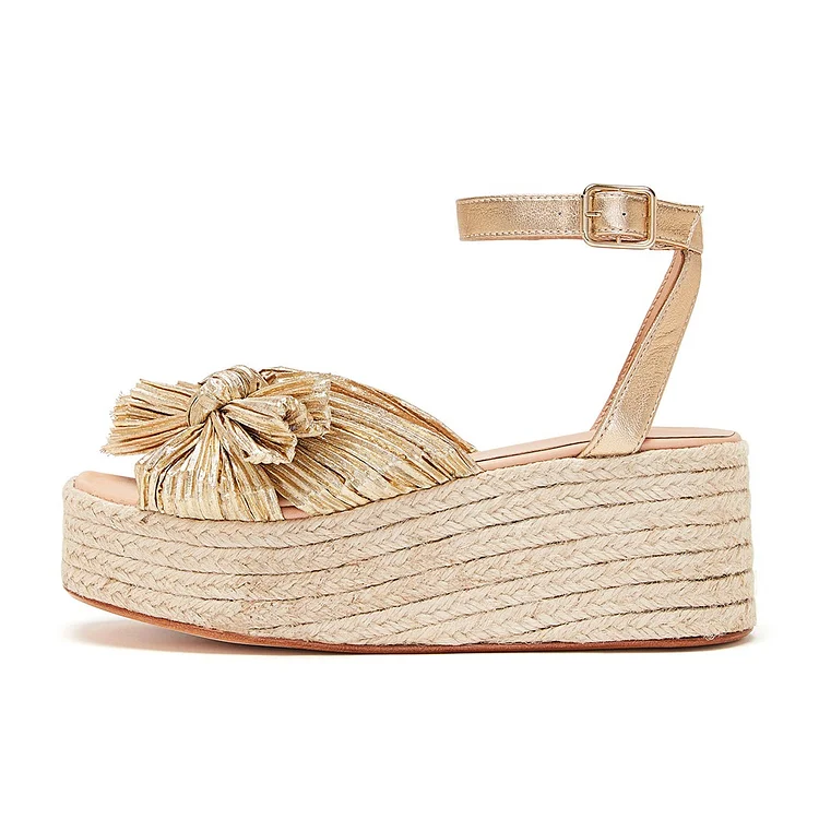 Gold Platform Heels Ruched Bow Ankle Strap Espadrille Wedge Sandals |FSJ Shoes