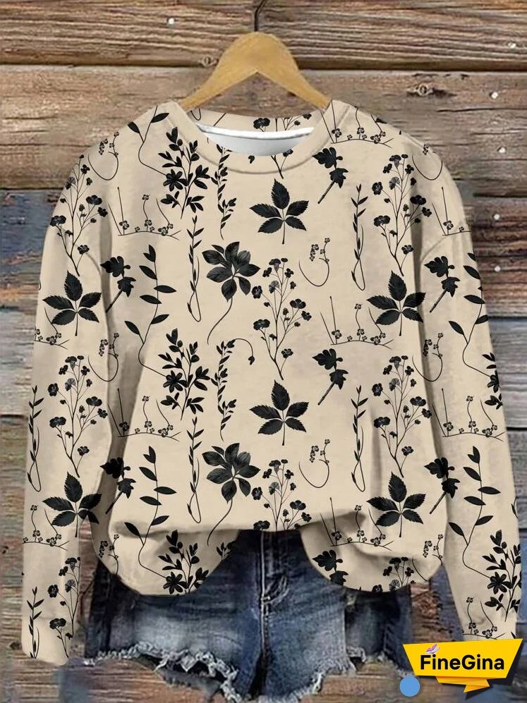 Plus Size Women Casual Vintage Floral Pattern Long Sleeve Round Neck Loose Pullover Sweatshirt, Autumn/Winter