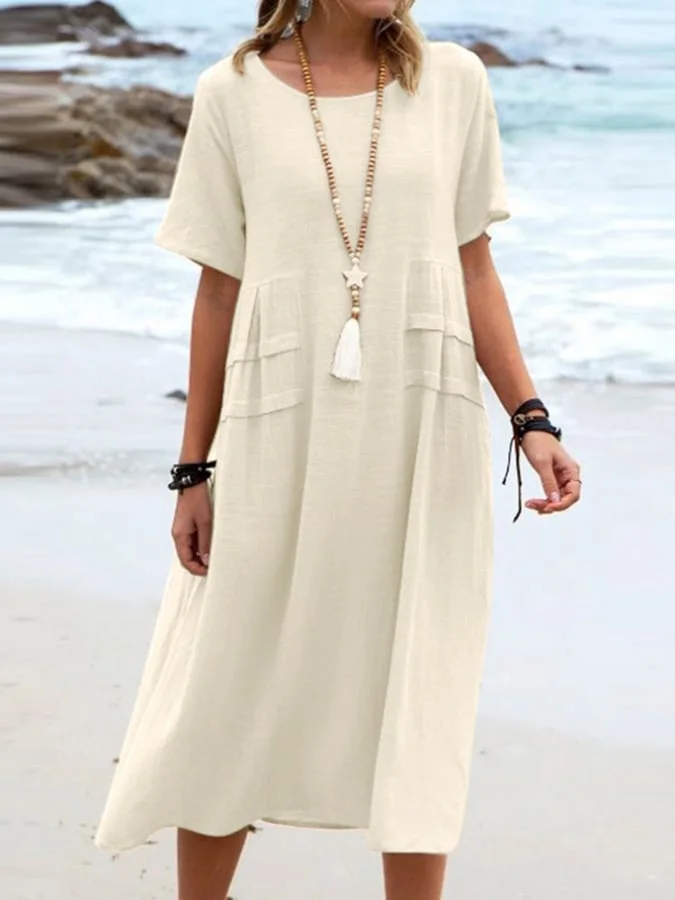 Loose Casual Cotton Linen Solid Color Mid Length Dress socialshop