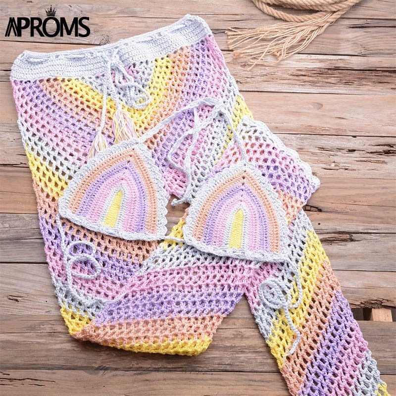 Aproms Elegant Colorful Cotton Blend Crochet 2 Piece Set Women 2022 Summer Festival Stretch Top and Pants Beach Outfit Coverup