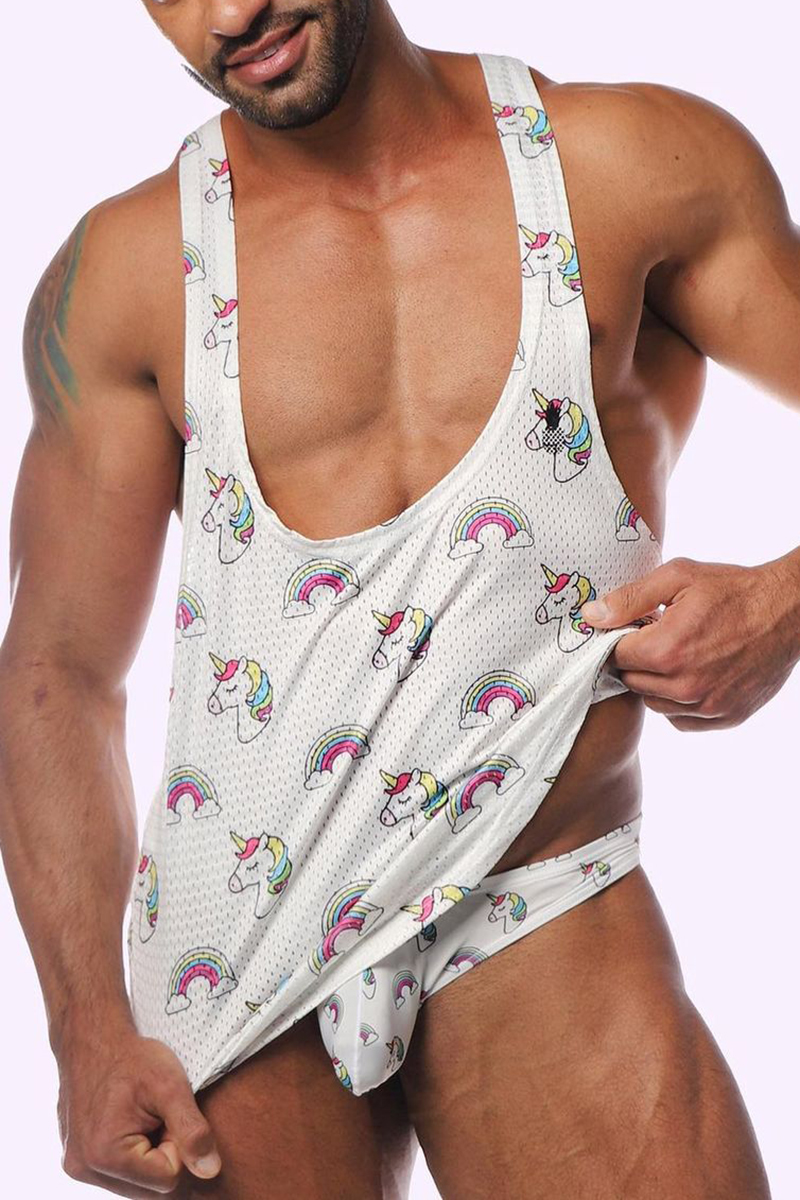 Ciciful Men's Rainbow Pattern Printing Tank Top Briefs Two Piece Sets