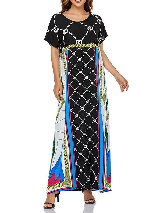 Women's Scoop Neck Short Sleeve Printed Midi Dress