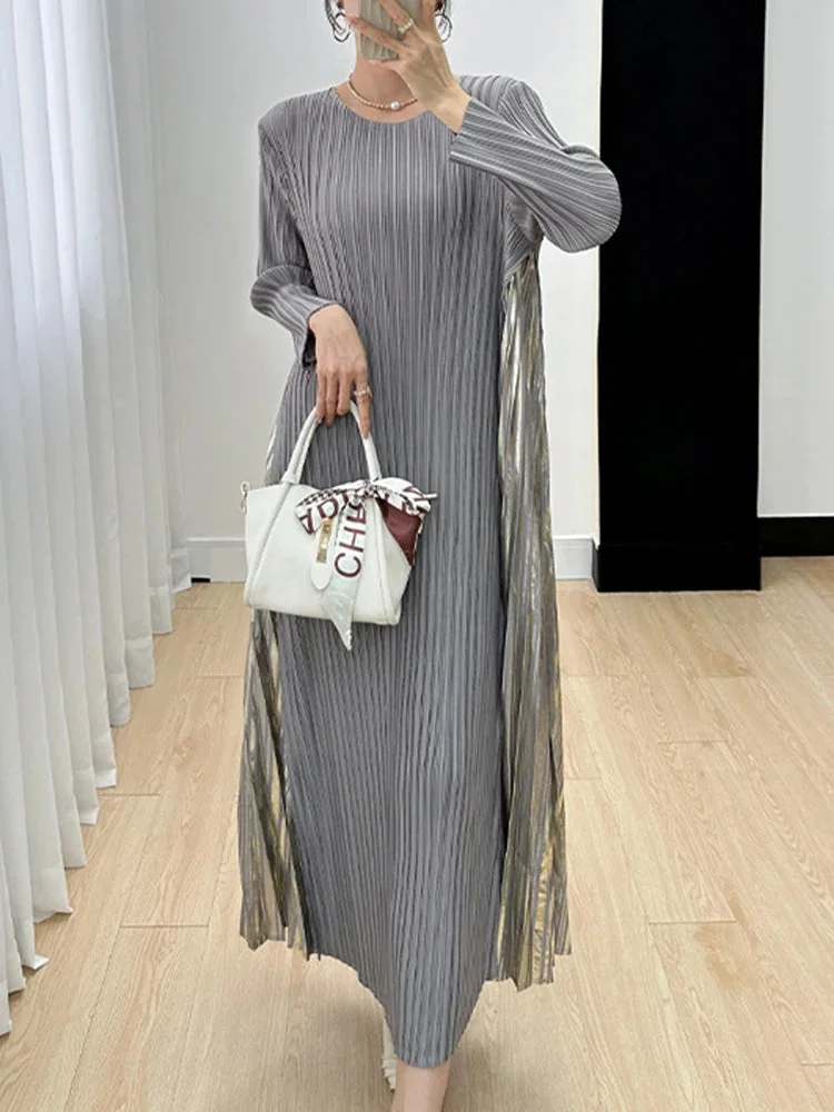 Elegant Khaki Round Neck Pleated Patchwork Metal Pleated Long Sleeve Dress