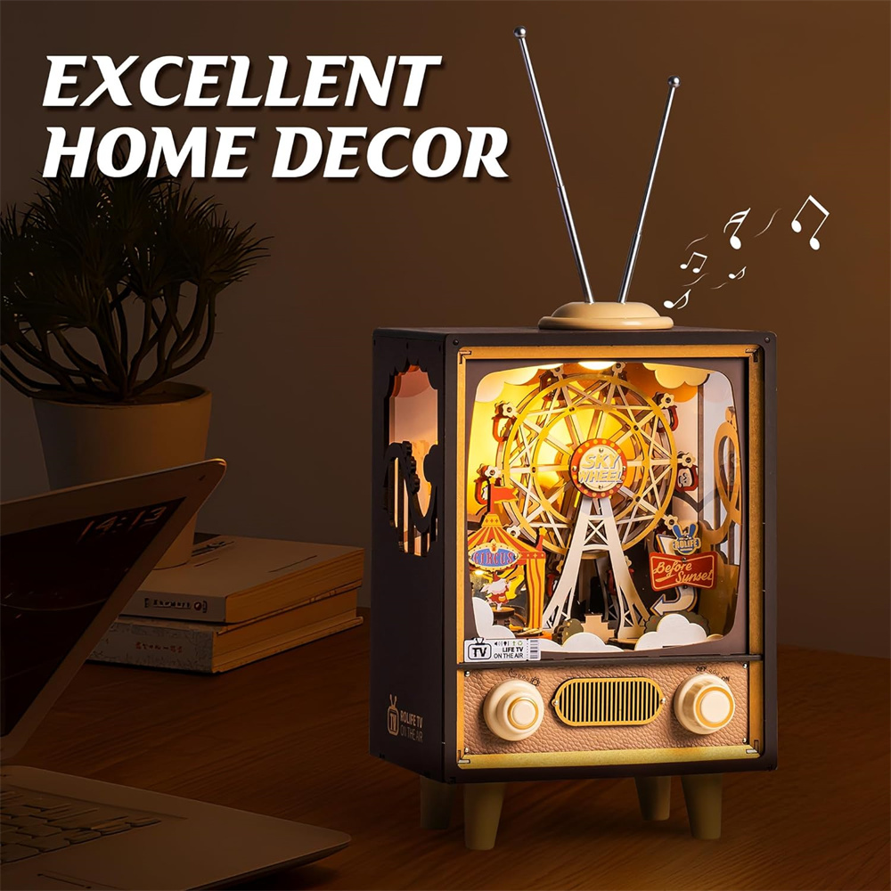 Tegooe 3D Wooden Puzzle Music Box Kit - Sunset Carnival Model with LED Light