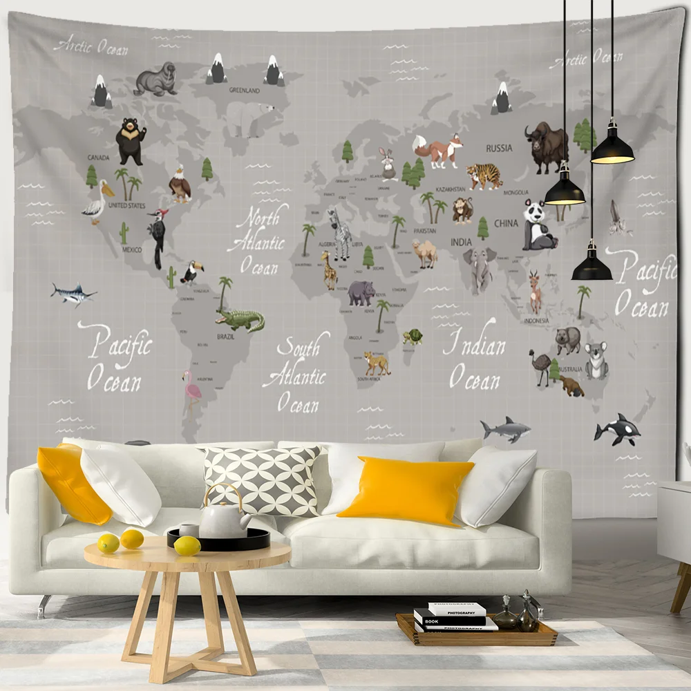 Nigikala Animals Distribution Map Tapestry Wall Hanging Simple Style Cute Hippie Children Kawaii Room Home Decor