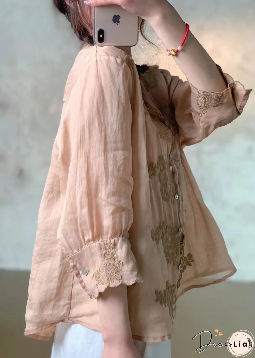 New Pink V Neck Embroidered Button Linen Shirt Spring