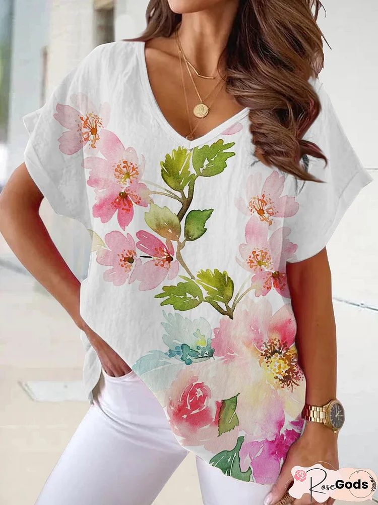 Holiday Watercolor Flower Series Blouse T-Shirt Plus Size