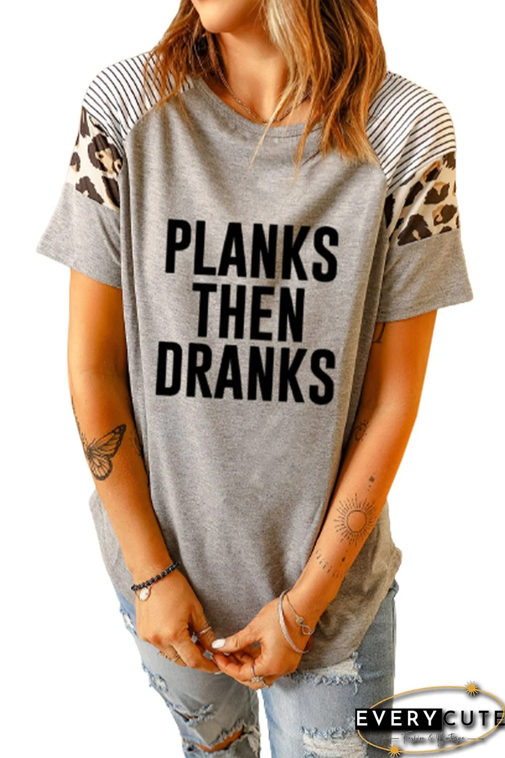 Gray PLANKS THEN DRANKS Graphic Striped Leopard Raglan Tee