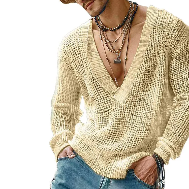 Men's Loose V-neck Knitted Hollow Long Sleeve T-shirt 52828581Y