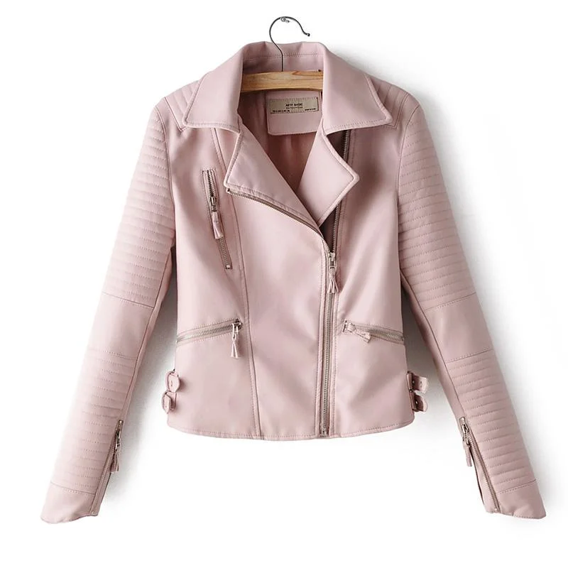 FTLZZ Autumn Women Faux Soft Leather Jacket Pu Motorcycle Zipper Rivet Coat Turndown Collar Black Red Pink Biker Leather Outwear