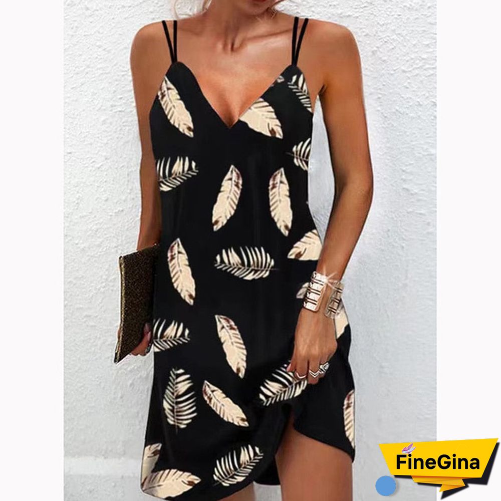 Back To School Outfits   Women Sexy V Neck Printed Dress Summer Fashion Casual Loose Sleeveless Dress Female Beach Party Black Sling Mini Dresses
