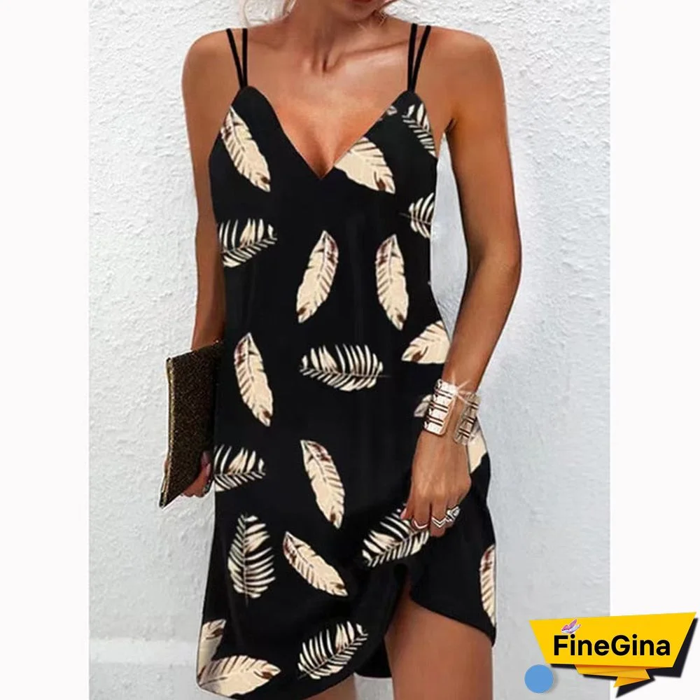 Back To School Outfits   Women Sexy V Neck Printed Dress Summer Fashion Casual Loose Sleeveless Dress Female Beach Party Black Sling Mini Dresses